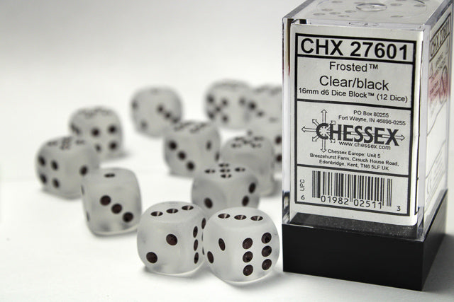 CHESSEX - Frosted - Clear - Black - 16mm d6 Dice Block (12 dice)