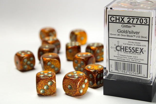 CHESSEX - Glitter - Gold - Silver - 16mm d6 Dice Block (12 dice)