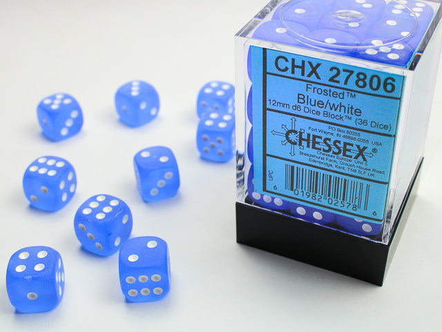 CHESSEX - Frosted - Blue - White - 12mm d6 Dice Block (36 dice)