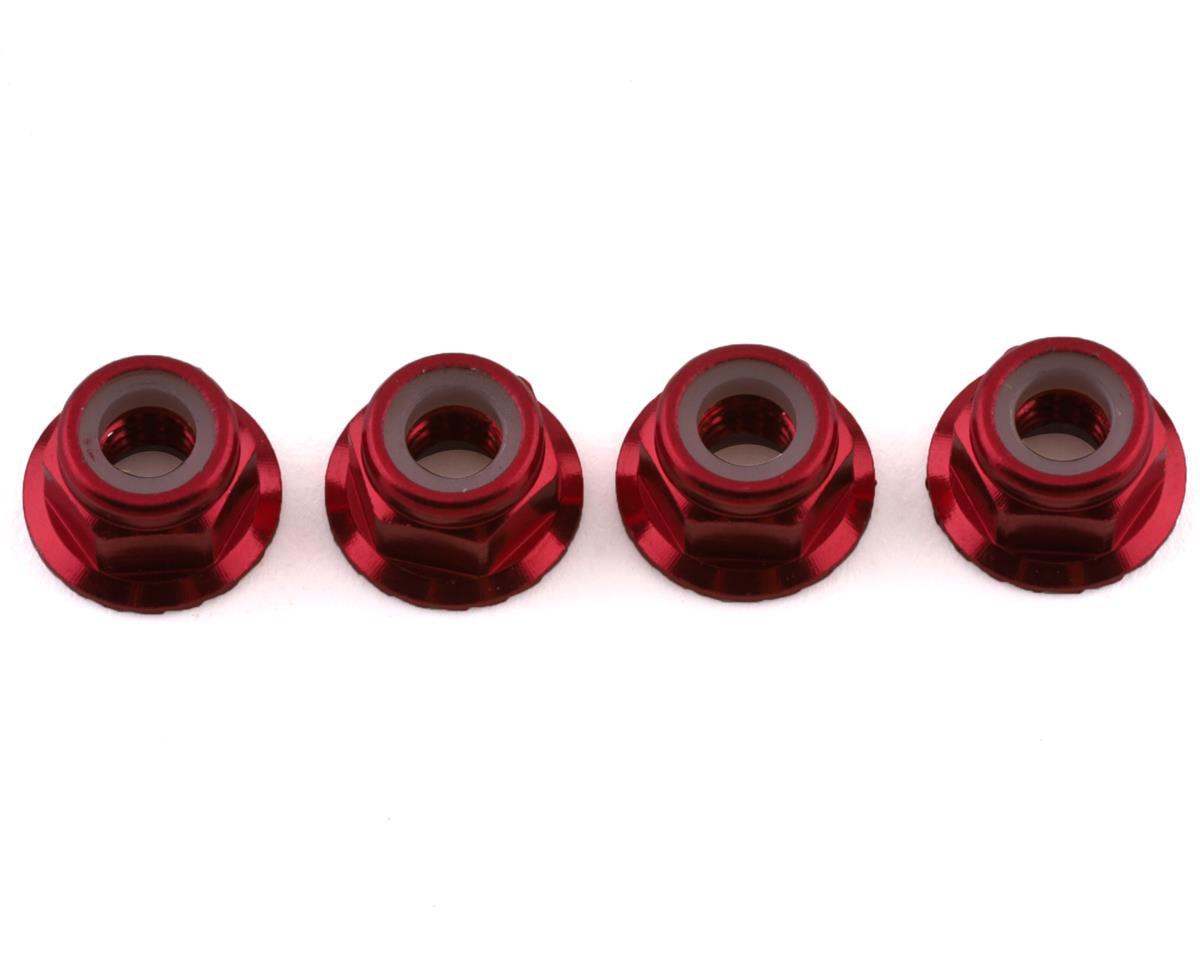 Traxxas - Tuercas, aluminio, bridadas, dentadas (4mm) (anodizado rojo) (4 piezas)