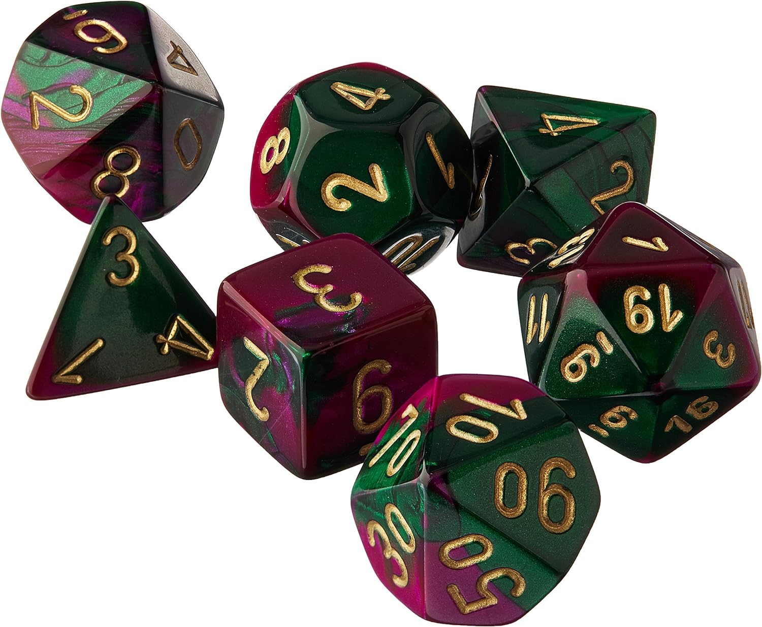 CHESSEX - Gemini Green - Purple - Gold Polyhedral 7 - Dice Set