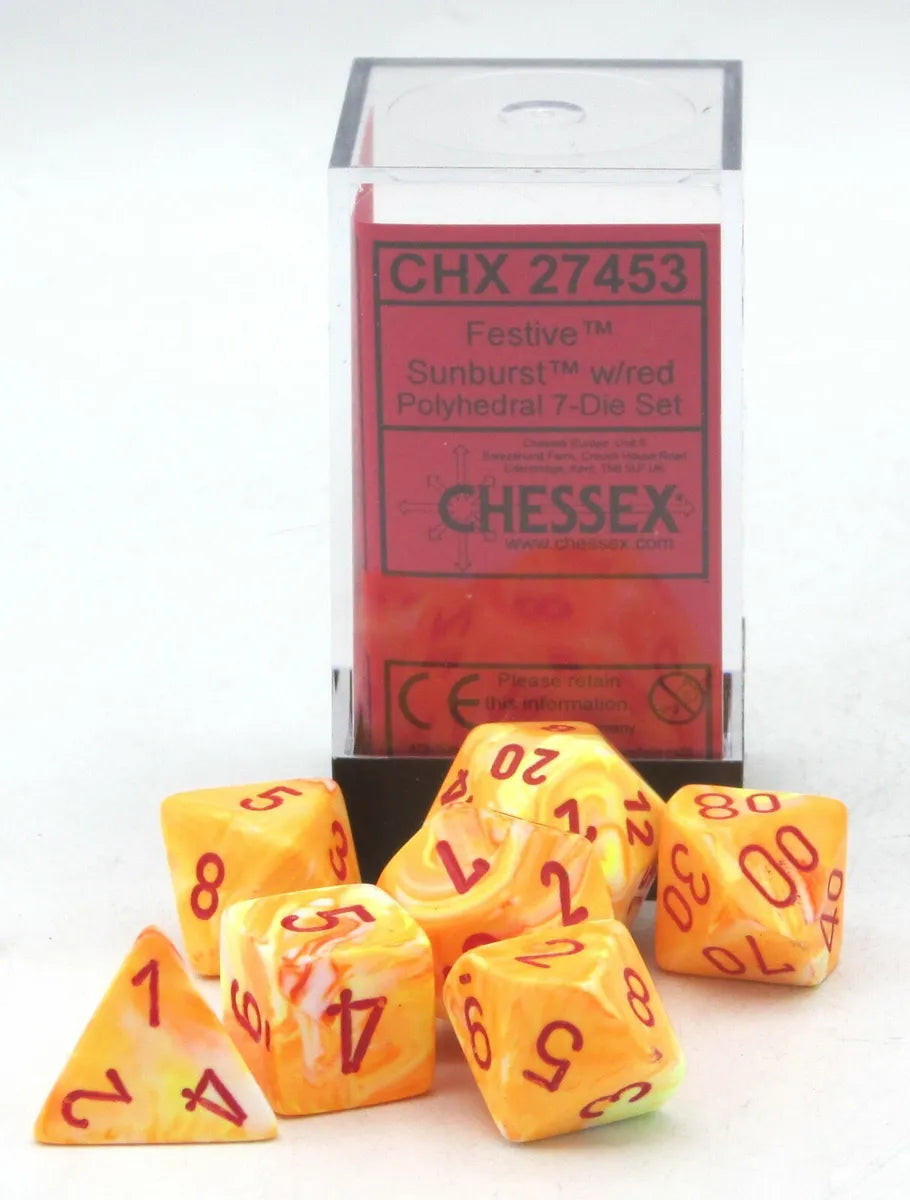 CHESSEX - Festive Sunburst - Red Polyhedral 7 - Dice Set