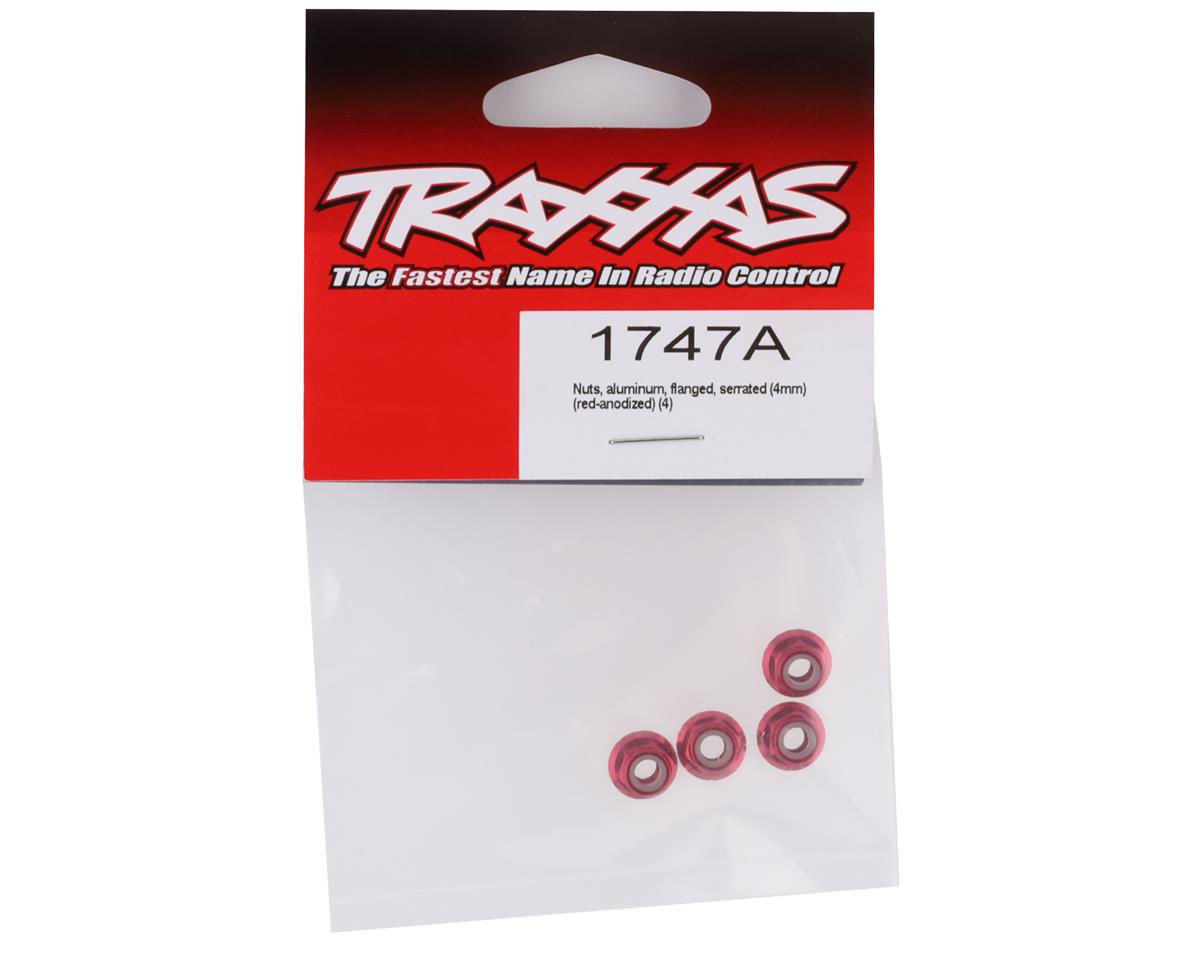 Traxxas - Tuercas, aluminio, bridadas, dentadas (4mm) (anodizado rojo) (4 piezas)