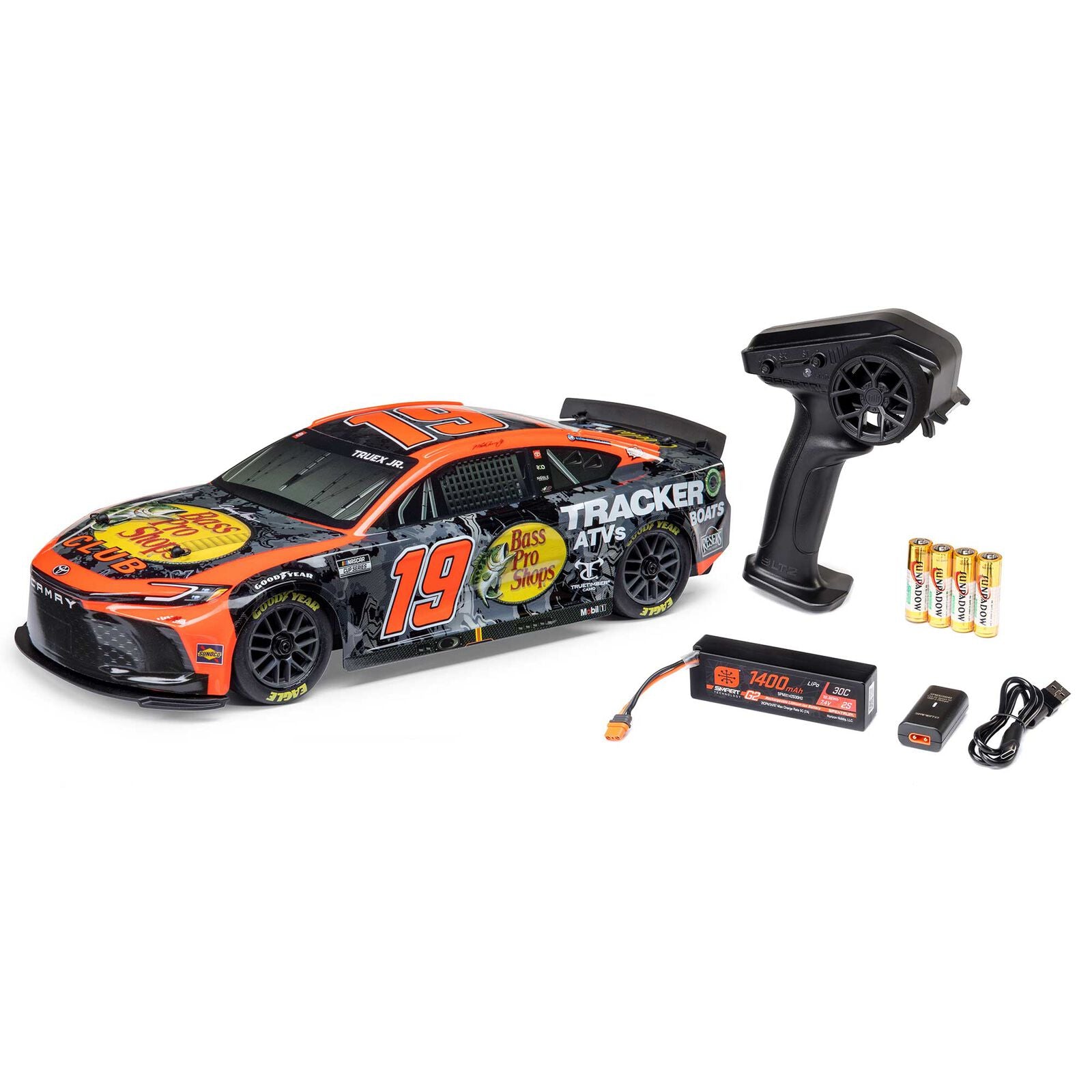 Team Losi - 1/12 NASCAR RC Racecar Martin Truex Jr. No. 19 2024 Bass Pro Toyota Camry 2S AWD RTR Brushed On-Road (Battery & Charger Included), Orange