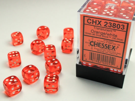 CHESSEX - Translucent Orange - White 12mm d6 Dice Block (36 dice)