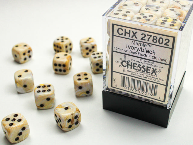 CHESSEX - Marble Ivory - Black 12mm d6 Dice Block (36 dice)