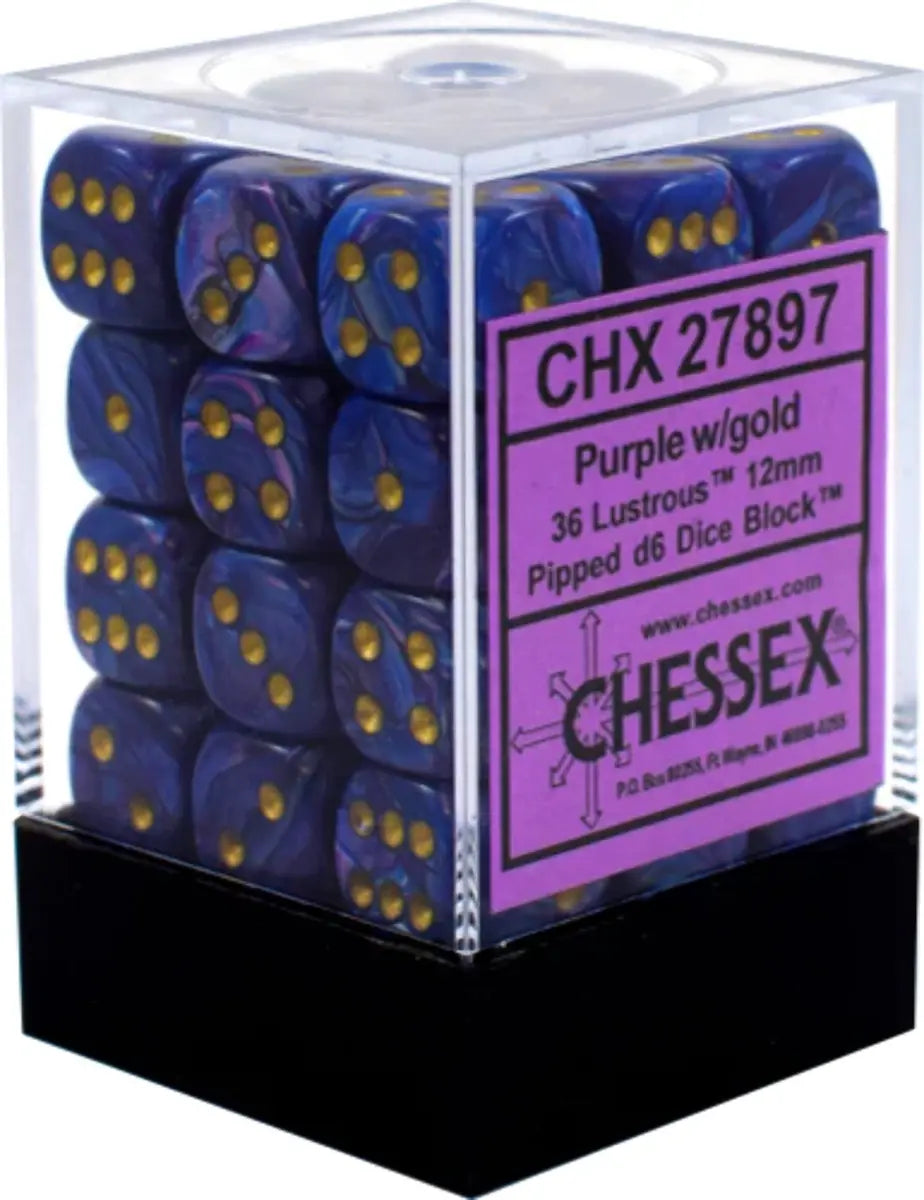 CHESSEX - Lustrous Purple - Gold 12mm d6 Dice Block (36 dice)