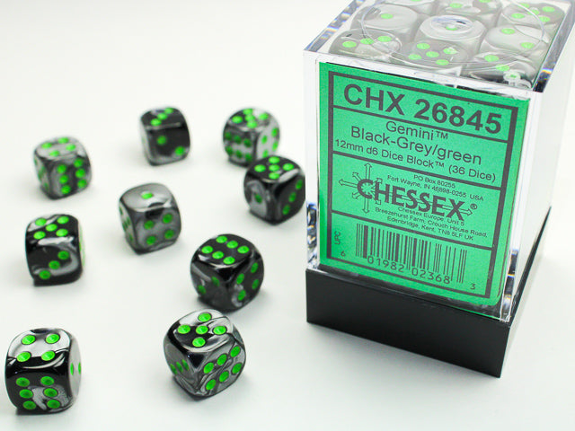 CHESSEX - Gemini Black-Grey - Green 12mm d6 Dice Block (36 dice)