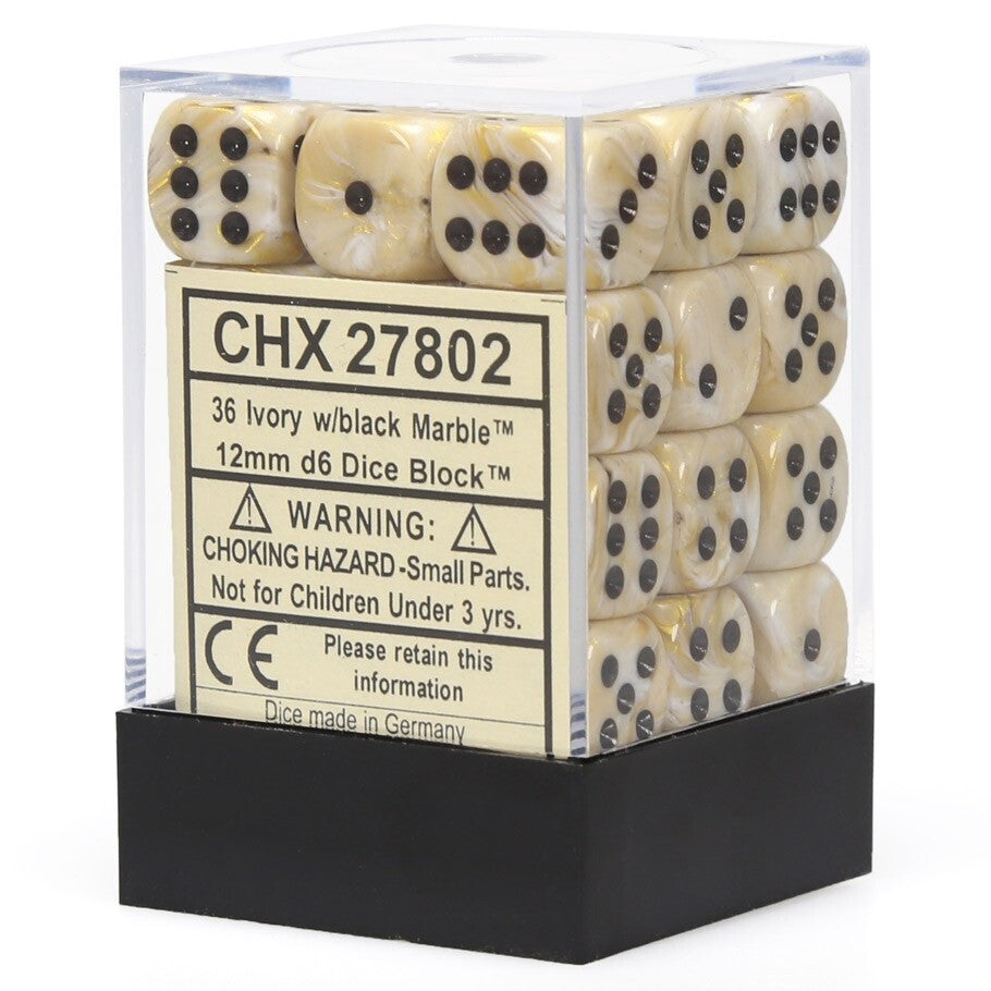 CHESSEX - Marble Ivory - Black 12mm d6 Dice Block (36 dice)