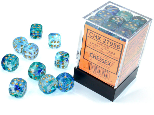 CHESSEX - Nebula Oceanic - Gold Luminary 12mm d6 Dice Block (36 dice)