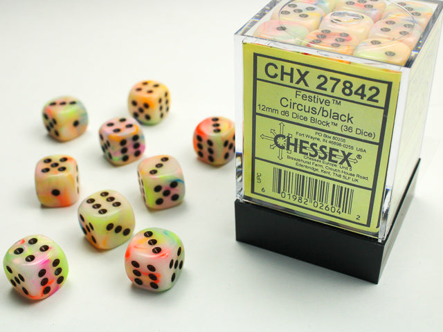 CHESSEX - Festive Circus - Black 12mm d6 Dice Block (36 dice)