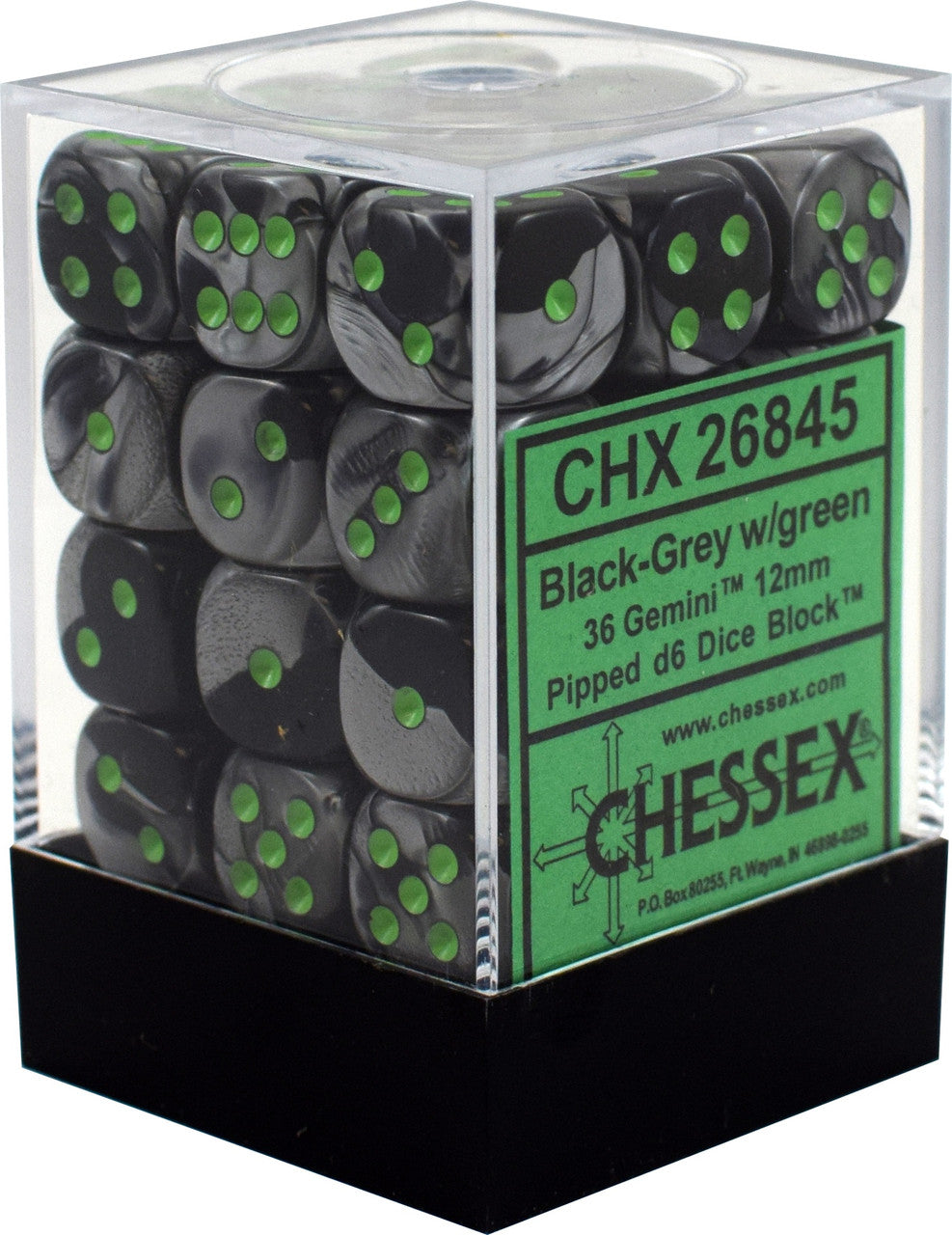 CHESSEX - Gemini Black-Grey - Green 12mm d6 Dice Block (36 dice)