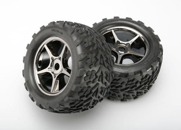 Traxxas - Tires & wheels, assembled, glued (Gemini black chrome wheels, Talon tires, foam inserts) (2) (use with 17mm splined wheel hubs & nuts, part #5353X) (TSM® rated)