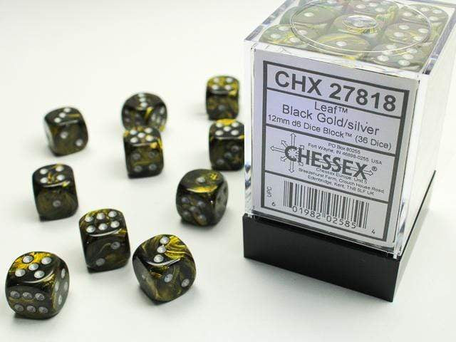 CHESSEX - Leaf Black Gold - Silver 12mm d6 Dice Block (36 dice)