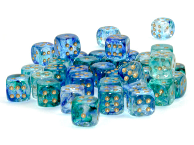 CHESSEX - Nebula Oceanic - Gold Luminary 12mm d6 Dice Block (36 dice)