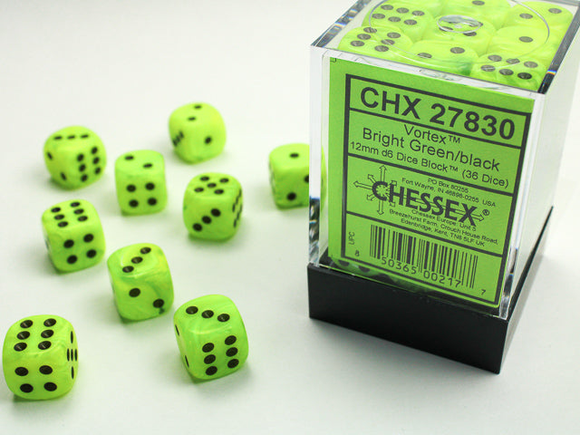 CHESSEX - Vortex Bright Green - Black 12mm d6 Dice Block (36 dice)