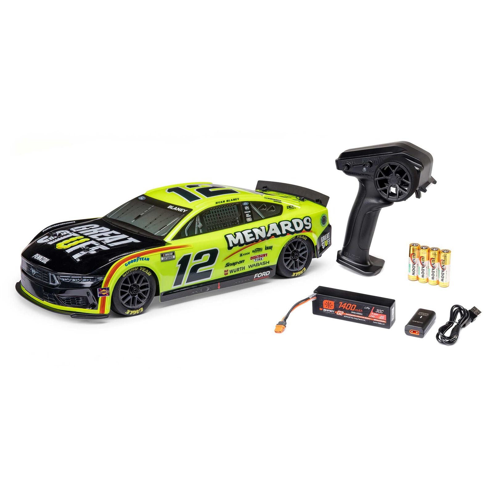 Team Losi - 1/12 NASCAR RC Racecar Ryan Blaney No. 12 2024 Menards Ford Mustang 2S AWD RTR Brushed On-Road (Battery & Charger Included), Yellow