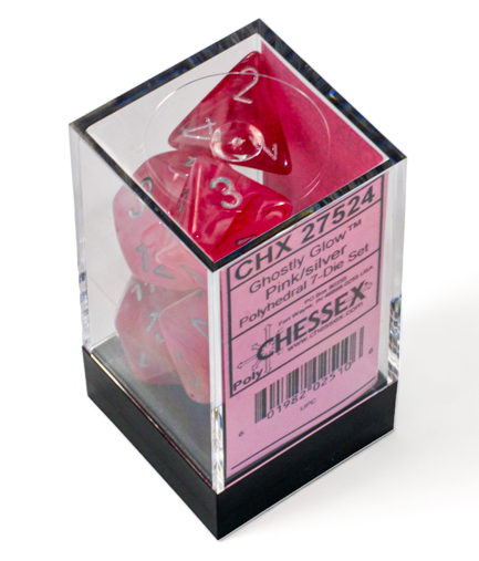 CHESSEX - Ghostly Glow - Pink - Silver - 7 Dice Set