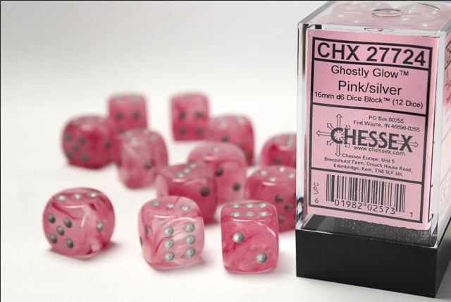 CHESSEX - Ghostly Glow - Pink - Silver - 16mm d6 Dice Block (12 dice)