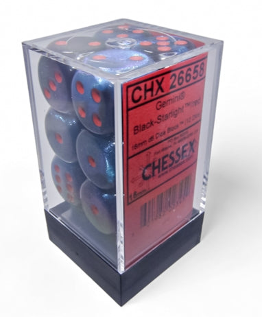 CHESSEX - Gemini - Black - Starligth - Red - 16mm d6 Dice Block (12 dice)