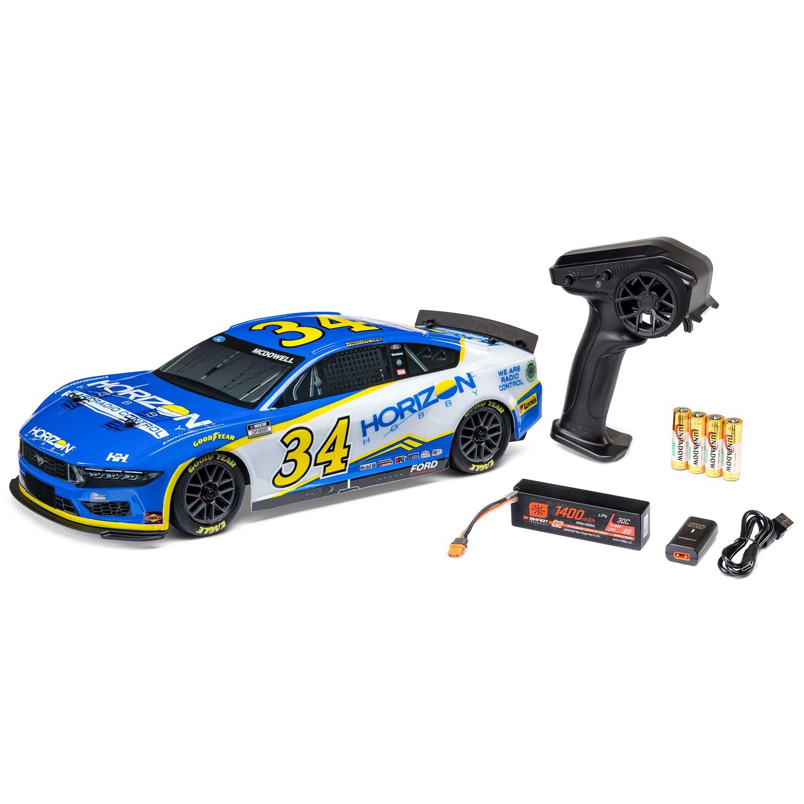 Team Losi - 1/12 NASCAR RC Racecar Michael McDowell No. 34 2024 Horizon Hobby Ford Mustang 2S AWD RTR Brushed On-Road (Battery & Charger Included), Blue