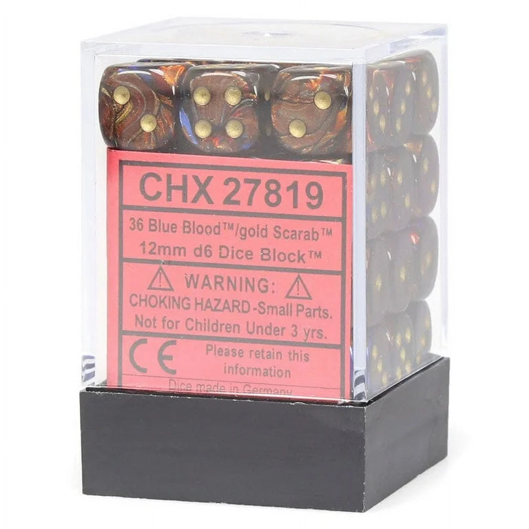 CHESSEX - Scarab Blue Blood - Gold 12mm d6 Dice Block (36 dice)